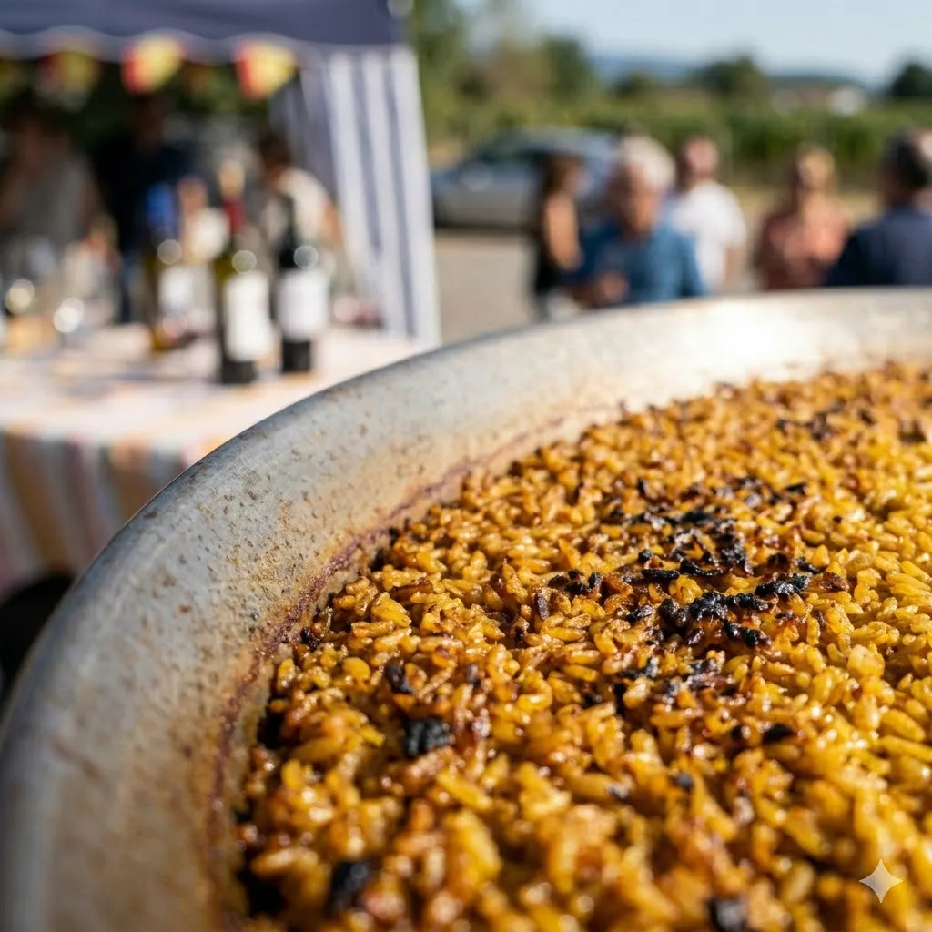 Paella gigante recién cocinada en evento al aire libre